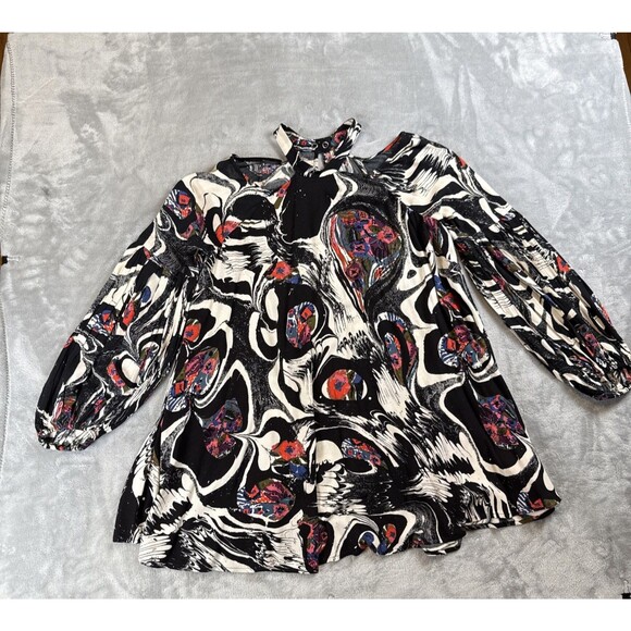 Free People Small Drift Away Tunic Dress Black White Abstract Cold Shoulder Boho - Picture 1 of 7